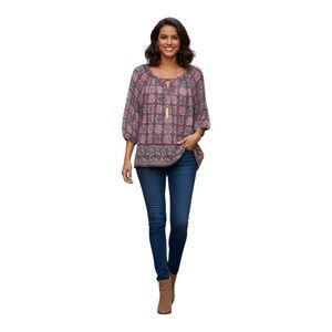 Croft & Barrow 1X Boho Medallion Print Peasant Blouse Magenta 3/4 Sleeve
